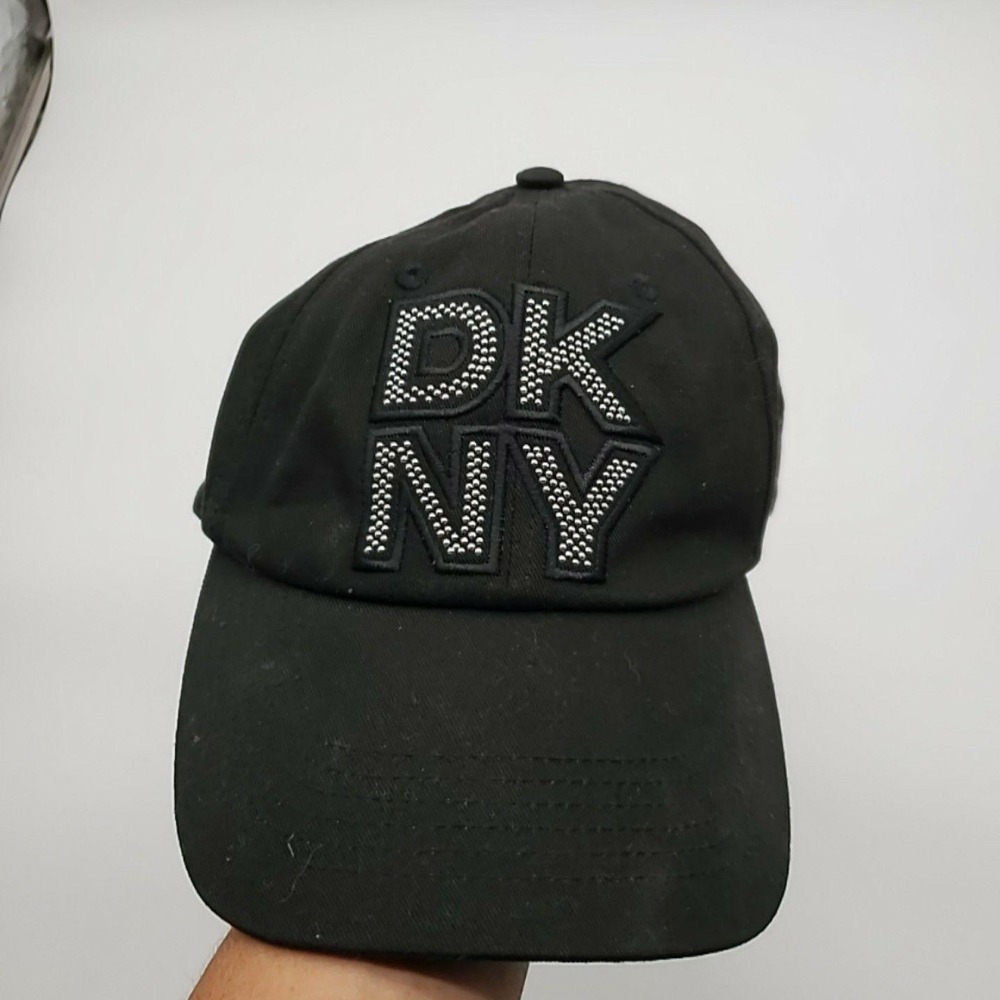 DKNY Hat Cap Black Rhinestone Logo Strap Back Womens Adjustable Twill Baseball